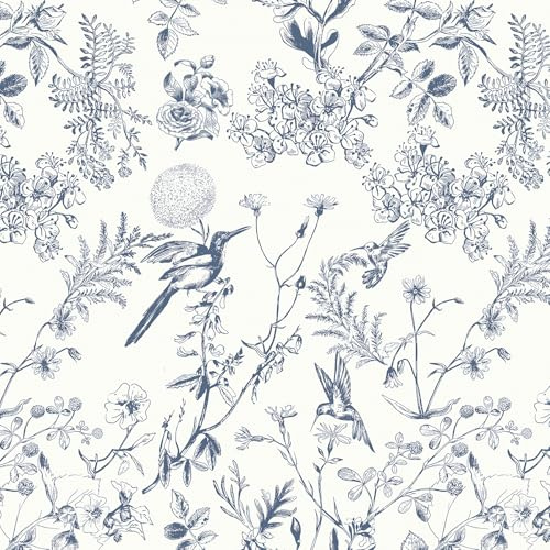 Yomshi Peel and Stick Wallpaper White and Blue Self Adhesive Wallpaper Floral 44×300cm Bird Floral Botanical Stick on Wallpaper Waterproof Vinyl Wall Covering Decorative Film for Bedroom