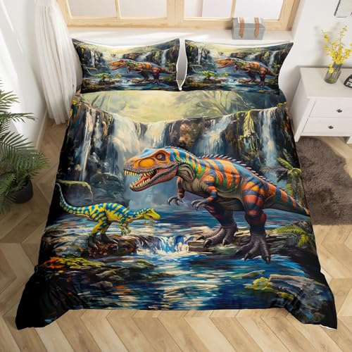 Watercolor Dinosour Kids Duvet Cover Set Queen Size,Jungle Pine Trees Mountain Bedding Set,Boys Girls Room Decor,Dino Ancient Animals Comforter Cover,Green Blue Quilt Cover,2 Pillowcases(No Comforter)
