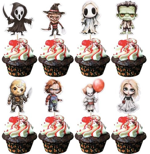 Xsstarmi 40 Packung Cupcake-Topper mit Horror-Klassikern Halloween-Party-Dekorationen Horrorfilm-Charaktere Cupcake-Essenspicks für Horror-Themen Geburtstag Babyparty Kuchendekorationen