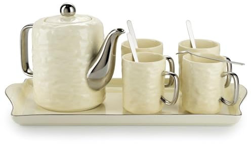 HowHomely Servicio de café de cerámica para 4 personas – Juego con jarra, 4 tazas y bandeja para servir – Juego de café de gres crema – Ideal para set de café o té