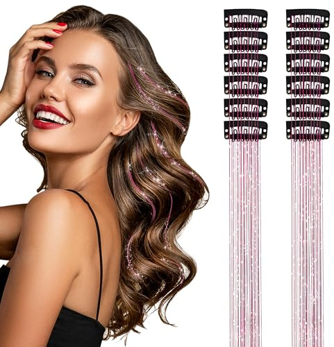 Dalababa 12 Stück Glitzer Haar Lametta, 20 Zoll Feen Clip-in Haarlametta Haarsträhnen zum Einklipsen Hair Tinsel Glitzersträhnen Party Dazzle Haar Zubehör für Frauen Mädchen Kinder - Rosa