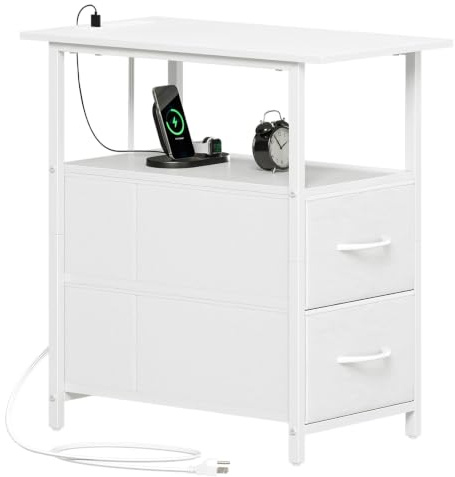 Somdot Table de Chevet Etroite, 2 Prises 2 USB, 2 Tiroirs en Tissu, Blanc | Table de Chevet, Table de Nuit avec Rangement Ouverte, Cadre en Acier, Chambre à Coucher Salon, 50P x 30l x 62H