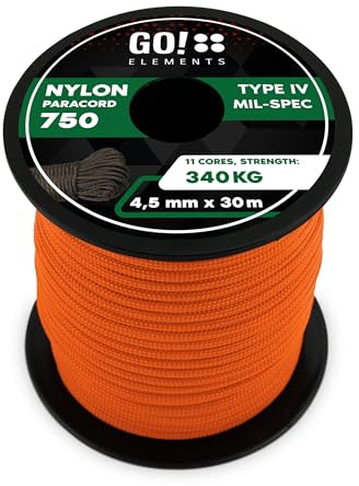 GO!elements Paracord 750 Tipo IV | Cuerda de Nylon 100% Resistente y Extremadamente Estable | ø 4,5 mm - 11 núcleos - MAX. 340 KG | Cuerda Multifuncional y reepsnoer para Supervivencia, Camping