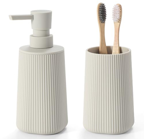 YAUKPH Badezimmer-Zubehör-Set, 2-teilig, Seifenspender und Zahnbürstenhalter für Badezimmer-Arbeitsplatte, gestreift, Beige