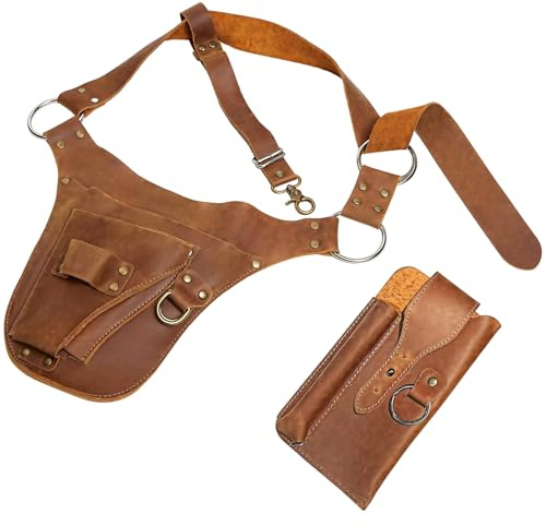 Leather Tool Apron With Adjustable Belt And Detachable Pouch, Gardening Organizer With Multiple Pockets (46.5 Inches Waist Size)