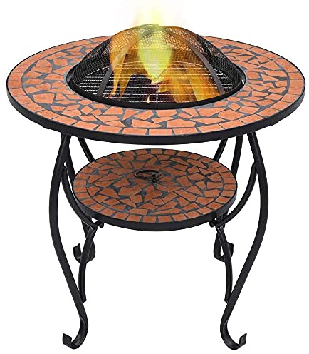 ZJFHEYUO Table de Foyer avec Grille de Barbecue, Foyer Rond 4 en 1 pour Barbecue, Chauffage, bac à Glace, brasero en métal, Table Basse pour Jardin, Camping, Pique-Nique, feu de j