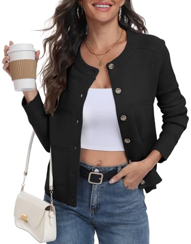 PrinStory Cardigan da donna con lavorazione a cabotaggio, a maniche lunghe, con bottoni, maglione aperto sul davanti, maglieria elegante, capospalla, Nero , L