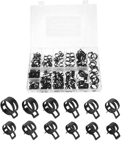 sourcing map 210pcs Spring Band Type Hose Clamps 7/9/10/11/12/14/15/16/18/20/22/25mm Fuel Line Hose Spring Clip Silicone Vacuum Hose Pipe Clamp Low Pressure Tube Clip Fastener, Black
