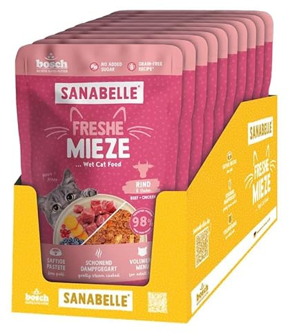 Sanabelle Freshe Mieze – nötkött och kyckling, 10 x 100 g påse helt återvinningsbar, ångkokt våtfoder för katter, kattmat som nykokt, ett varumärke av Bosch djurfoder