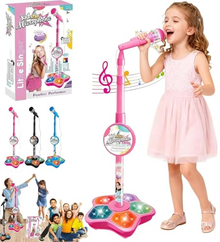 2026 New All-in-One Kids Karaoke Microphone with Stand & Bluetooth, Singing Toy with Built-in Music, 5 Colorful LED Lights, Adjustable Microphone Stand, Musical Gift for Girls Boys (Pink)