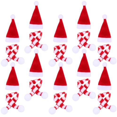 BUGUUYO Kleiner Weihnachtsmütze und Schal Satz – 12 Gestrickte Kleiner Weihnachtsmützen 4X8cm 12 Rote Weiße Schals 1X15cm Selbstgemacht Weihnachtsdeko für Puppen Handys Flaschen Basteln