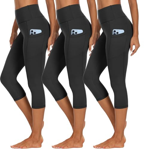 HIPOWER 3er Pack Leggings Damen mit Taschen Capri Leggings Damen High Waist | Capri Sporthose Damen Sommer 3/4 Hose Damen 7/8 Caprihose Sportleggings für Yoga Fitness Gym