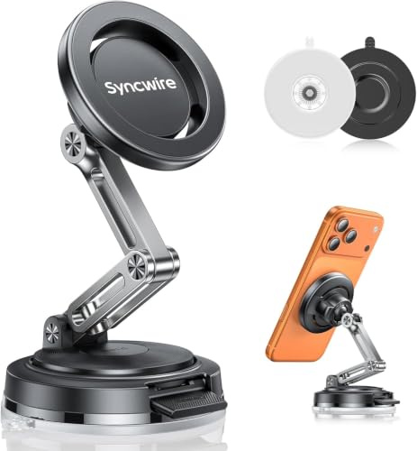 SYNCWIRE Håll magnetiskt bilfäste: Vikbar design med dubbla sugkoppar, lämplig för instrumentbräda och vindskydd, 360° justerbar, kompatibel med iPhone 17/16/15/14/13/12, Samsung, etc., svart.