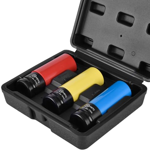 1/2 Drive Nut Impact Socket Set, 3 Pcs Thin Wall Lug Nut Sockets, Metric Protector Impact Socket 17mm, 19mm, 21mm with Storage Box, Cr-Mo Steel Sockets for Impact Drill, Torque Wrench