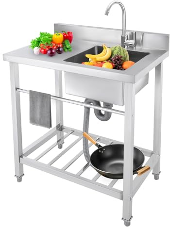 ACROSSPART Freistehend Edelstahl Waschbecken, Einzelbecken Küchenspüle mit Arbeitsplatte & Unterschrank, Profi Utility Spüle, 100kg Tragfähigkeit, 80 * 55 * 84cm (Recht Spüle)