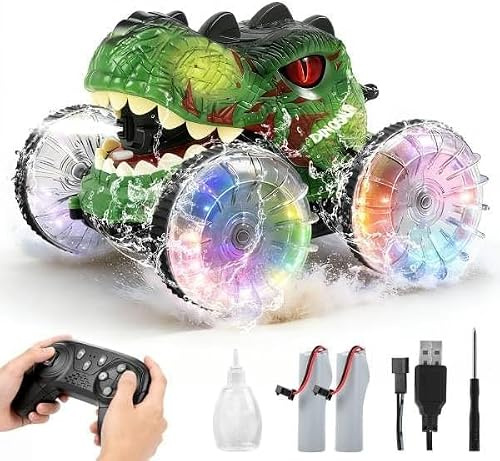 FORMIZON Amphibie Voiture TéLécommandée Enfant, Monster Truck Télécommandé avec Pistolet à Eau, Lumières LED et Rotation à 360°, Voiture Radiocommandée pour Garçons et Filles de 6 à 12 Ans (Vert)