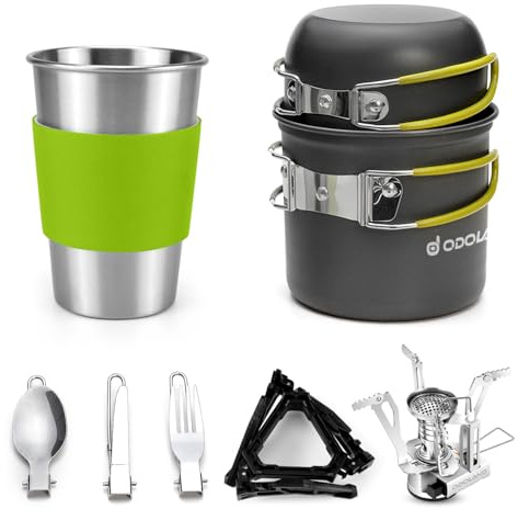 Odoland Camping Cookware Stove Carabiner Canister Stand Tripod and Stainless Steel Cup, Tank Bracket, Fork Spoon Kit for Backpacking, Outdoor Camping Hiking and Picnic,Green