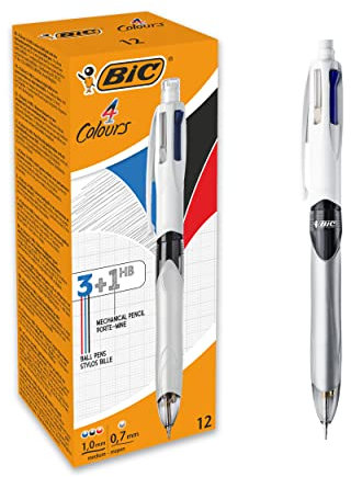 BIC 4 Colours Multifunctional Ballpoint Pen and HB Pencil Combo - Set of 12 - All in One Writing Instrument with Built in Eraser