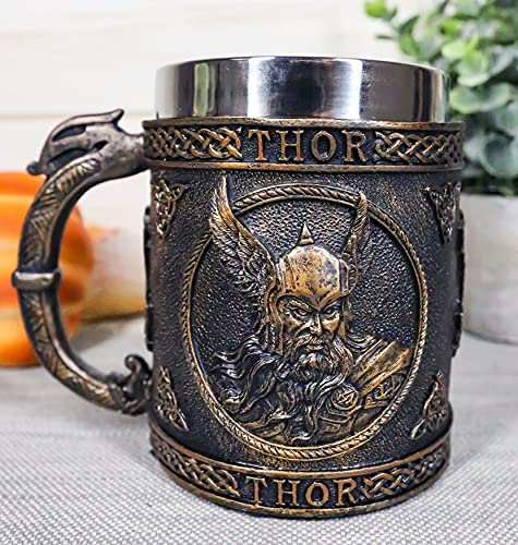 Ebros Gift Norse Mythology Viking God Of Thunder Thor Coffee Mug Resin Drink Cup Tankard Beer Stein With Stainless Steel Liner For Kitchen Home Decor Medieval Renaissance Party Hosting Accessory