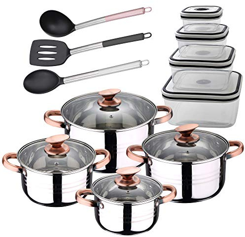 San Ignacio Premium - Bateria de 8 piezas, 4 fiambreras y 3 Utensilios, acero inoxidable, color cobre, 1.9L -2.7L -3.5L-5.1L
