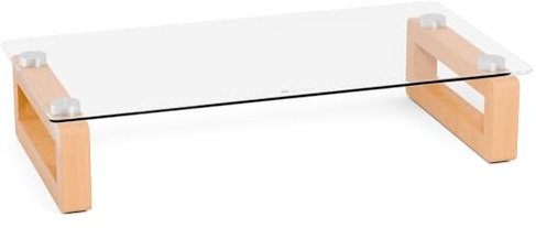 YEOUX Multi-Purpose Desktop Stand, Clear Floating Computer Monitor Riser with Natural Wood Base, Desk Organization Shelf for Printer, Laptop, Audio Device, Flat Screen