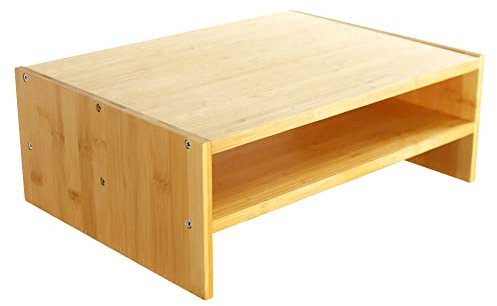 WKWKER 2-Tier Bamboo Monitor Riser Stand Computer Monitor Riser Desk Tidy Organizer For Workstation Home Office Printer Stand (Natural Color)