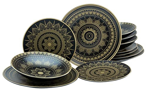 CreaTable, 23588, Serie MANDALA GOLD - Schwarz, 12-teiliges Geschirrset, Teller Set aus Steinzeug, spülmaschinen- und mikrowellengeeignet, Qualitätsproduktion