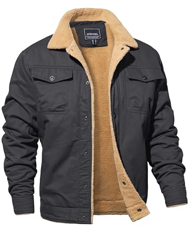 MAGNIVIT Men's Field Jacket Sherpa Lined Fleece Cargo Jacket Cotton Outerwear Dark Grey