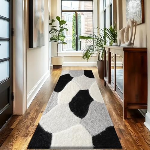 PHP Stylish Large Runner Rugs for Hallways - 3D Design Carved Shaggy Rug for Bedroom Living Room Kitchen Carpet Runner Non Slip Floor Mat (Black White Silver -Pona, 80 x 150 cm)