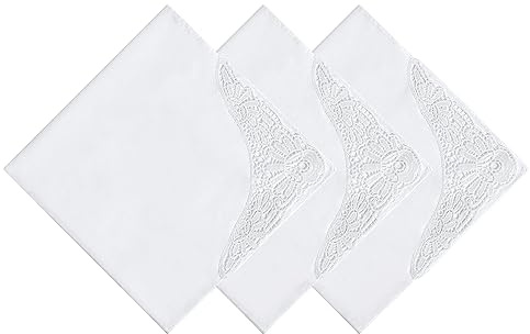 HOULIFE Taschentücher Hochzeit – Kleine Stofftaschentücher Damen, Taschentuch Hochzeit aus Gekämmte Baumwolle Weich Weiße Blumen Stickereien mit Spitzen, 35x35cm (Weiß 1, 3 Stücke)