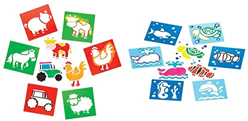 Baker Ross AW631 Schablonen „Bauernhof“ zum Malen (6 Stück) – Schablonenset aus abwaschbarem Kunststoff für Kinder & Schablonen „Meerestiere“ zum Malen (6 Stück) – aus abwaschbarem Kunststoff