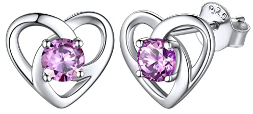 Aretes de Corazón para Mujeres Junio Piedras de Nacer 12 Meses Trinidad Irlandés Nudos Célticos Pendientes Plata de Ley 925 para Mujeres Joyería Minimalista de Compromiso Alejandrita Lila Valentín