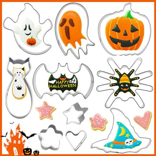 Halloween Ausstechformen,Saijer 10 Stück Halloween Keksausstecher Plätzchen Ausstecher Ausstechformen Ausstechform Fondant Ausstecher Edelstahl Plätzchenausstecher Kinder Cookie Cutters Backzubehör