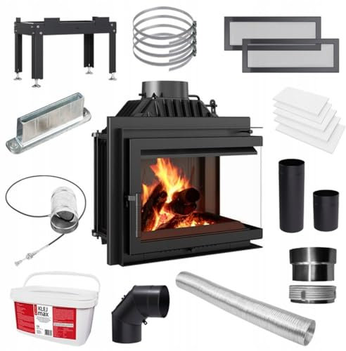 KRATKI Simple Kamineinsatz 8 kW Ø 200 mm – Eckiger Holzofen mit doppelseitiger Sichtscheibe - BImSchV 2 & ECODESIGN - 80% Wirkungsgrad, Komplettset mit Zubehör, Öffnung nach rechts