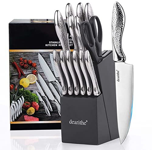 dearithe Knife Sets for Kitchen with Block, 14 Piece High Carbon Stainless Steel Knife Block Set with Built-in Sharpener, Professional Kitchen Knife Set, Hammered Pattern Hollowed Handle Design