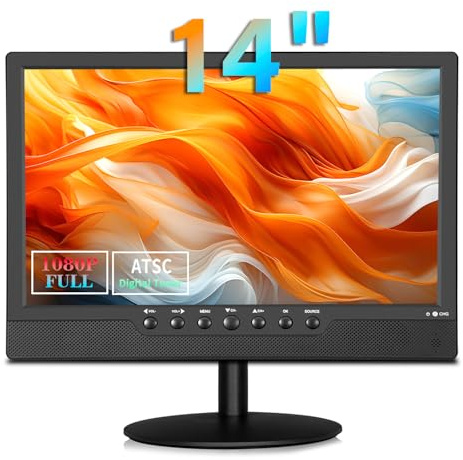 Jexiop 14 inch Flat Screen TV,Small TV with Digital ATSC Tuner,Antenna,Remote and HDMI/USB Ports,12 Volt Charger Cable for Car/Kitchen