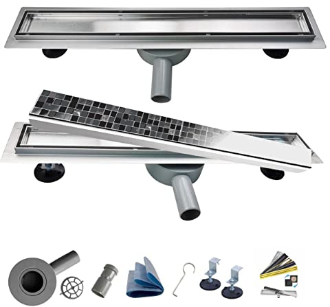 AQUA HEATING Duschrinne 2in1 Edelstahl superflach Komplettset 70 cm silber | Linearer Bodenablauf, bodengleiche Dusche, doppelseitiger Rost, Drehsiphon, Set für Badezimmer