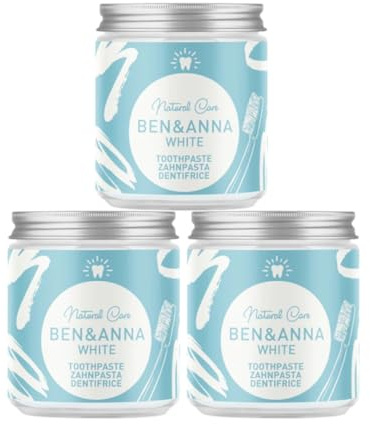 BEN & ANNA WHITE - Fluoridfreie natürliche Zahnpasta im Glas - Aktivkohle Whitening, Vegan, Natürlicher Minz Geschmack - Zahnpasta in der Dose, Weiße Zähne - 3er Pack