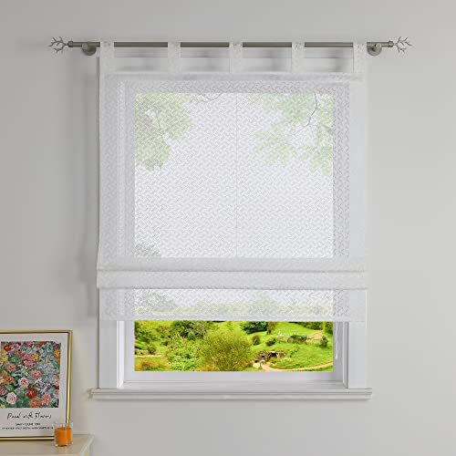 Heichkell Raffrollo Transparent Vorhang mit Karo Vintage Landhaus Raffgardine Jacquard Gardine Weiß mit Schlaufen BreitexHöhe 140x140 cm