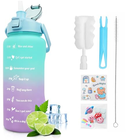 KETIEE Trinkflasche 2L: BPA-freie Wasserflasche Mit Strohhalm, Zeitmarkierung, Auslaufsicher - Sportflasche für Fitness, Camping, Yoga (Grün Violett)
