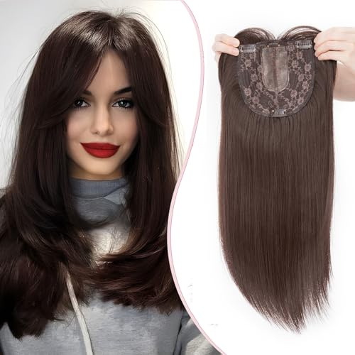 S-noilite Hair Toppers für Frauen,Toupet Toppers Haarverlängerung Haarteile Perücken mit Fransen,Haartopper Basis 15x15cm, Clip in Synthetischen Haarteile, Glatt 45cm 170g Auburn Braun