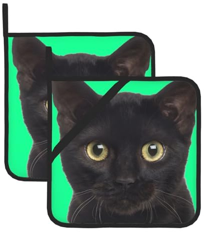 Topflappen für die Küche, 2er-Set, schwarze Katze, bedruckt, hitzebeständig, rutschfest, für Küche, Kochen, Backen, Grillen, Topflappen mit Taschen