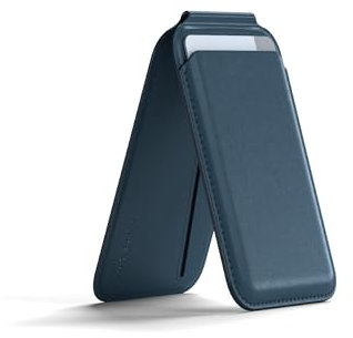 SATECHI Magnetische Magsafe Brieftasche, PU-Material, Doppelflapper Kartenetui (4X), NFC, Verstellbare Handyhalterung für iPhone 16/15/14/13/12, Reise-Accessoire, Blau
