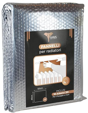 SURUS EQUIPMENT Pannelli termoriflettenti per termosifoni che riducono la dispersione di calore in casa, 3 fogli da 120x60 cm e 18 adesivi 3M montaggio a muro
