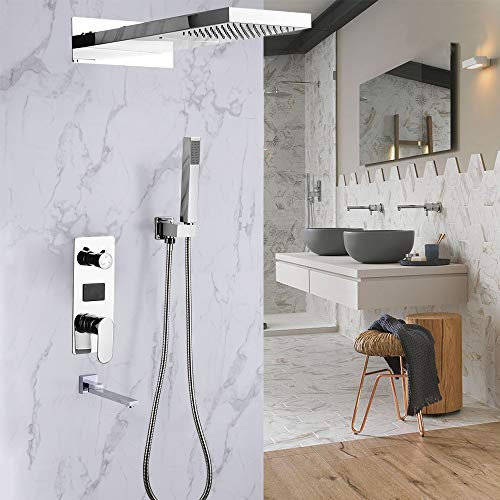 Système de douche à effet pluie, panneau de douche avec douchette à main, pommeau de douche, thermostat, mitigeur de douche, montage mural de salle de bain, moderne, montage mural, argenté