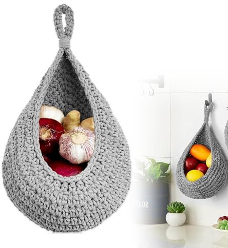 XIZAO Obstkorb Hängend Wandkorb Handgewebt Baumwollegewebe Wand Hängekorb mit Haken Aufbewahrungskörbe für Küche Obst Gemüse Wandpflanzer (1Stück)