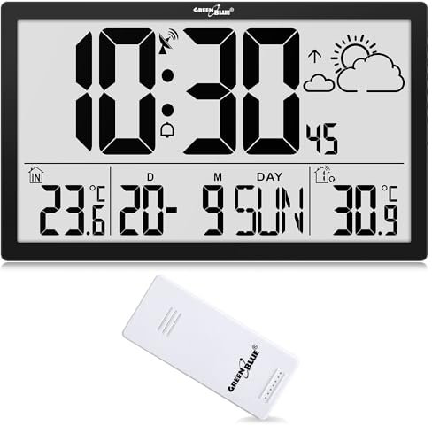 Green Blue GB218 Extra Large LCD Wall Clock with Weather Station Temperature and Date Display