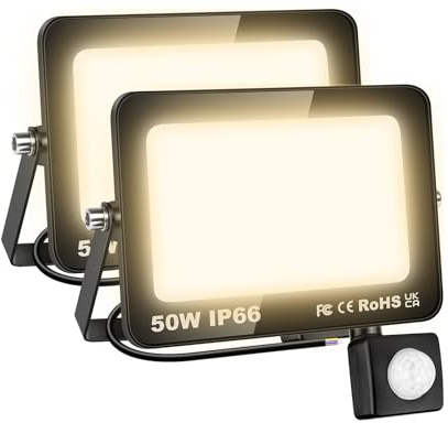 AUXTINGS 2 Pièces 50W Lampe de Sécurité Projecteur à LED Avec Détecteur de Mouvement PIR,5000 Lumens 4000K Blanc Chaud Lumières Exterieur,LED Extérieur étanche pour Jardin,Garage,Véranda,Patio,Cortile