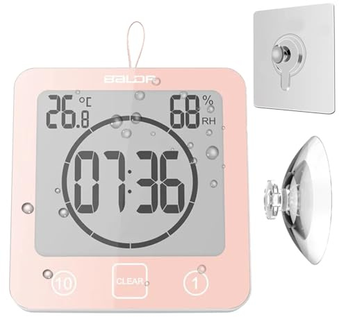 Waterproof Bathroom Wall Clock Shower Timer, Digital Large Visual Countdown Alarm Clock with Temperature Humidity, Mirror Suction & Rope Hanging & Stand, Easy Table Timer for Bath Kitchen Spa (Pink)