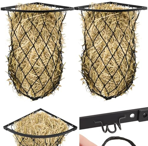 Yaocom 2 Set Black Wall Mount Hay Feeder with Net Collapsible Hay Rack with Net Slow Feeder for Horses Goats (Triangle)